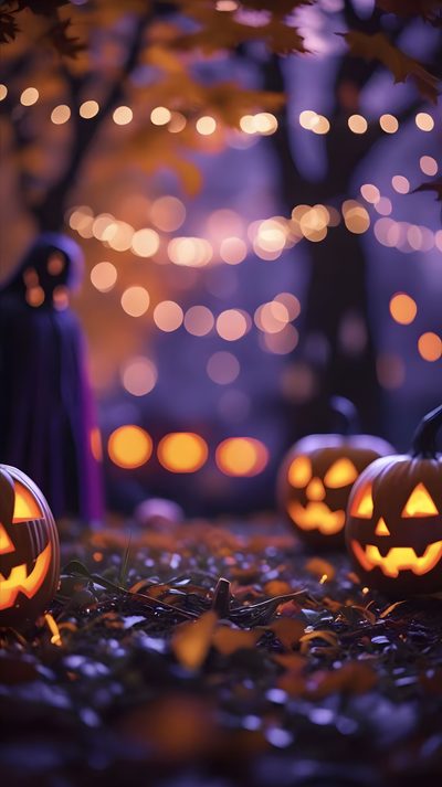 two carved pumpkins sitting on the ground in front of some trees with lights behind them Halloween Party Backgrounds Spooky Summer Background, Halloween Photo Set, Halloween Pics Aesthetic, dark slate gray