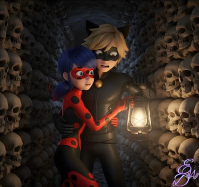 a couple dressed as ladybug and catwoman hugging in front of skulls Miraculous Ladybug Halloween Princess Birthday, Miraculous Ladybug, Miraculous, black