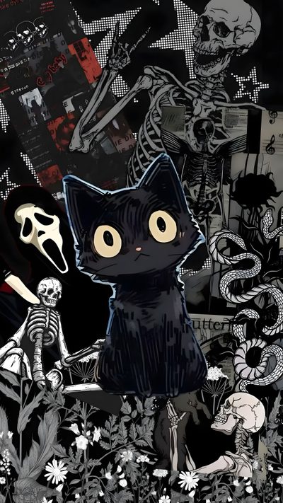 a black cat sitting on top of a pile of skulls next to a human skeleton Lockscreen Grunge Edgy Aesthetic Halloween Emo, Goth, Manifesti Grafici, Edgy, Idées Minecraft, Ảnh Bìa, black