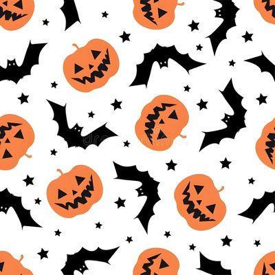halloween pumpkins with bats and stars on a white background for wallpaper or wrapping paper Halloween Pumpkin Bat Halloween Bats Print Pattern, Halloween Star Seamless Pattern, Halloween Pattern With Bats And Pumpkins, white