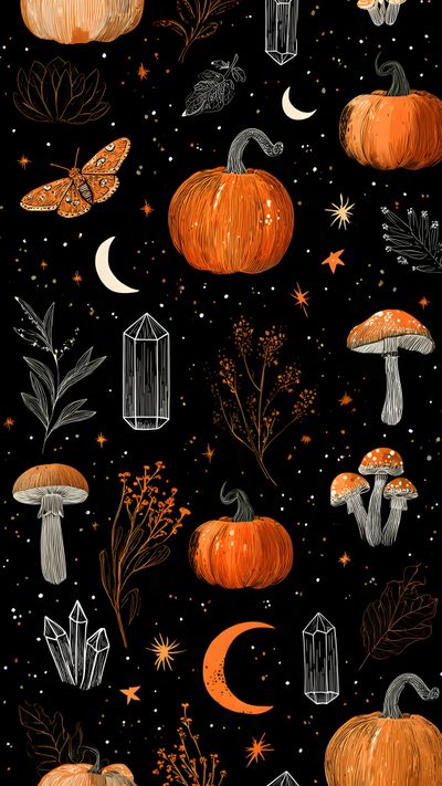 an image of pumpkins and mushrooms in the night sky with stars, moon, and trees Dnd Halloween Pattern, black