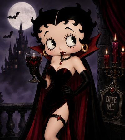 a cartoon character dressed as a vampire holding a wine glass in front of a castle Betty Boop Halloween Betty Cartoon, Baby Elephant Tattoo, Betty Boop Posters, Betty Boop Halloween, black