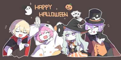 three cartoon characters dressed up as witches and ghostes, with the caption happy halloween Pjsk Halloween Halloween Pfp Project Sekai, Project Sekai Halloween Cards, Pjsekai Halloween, dark slate gray