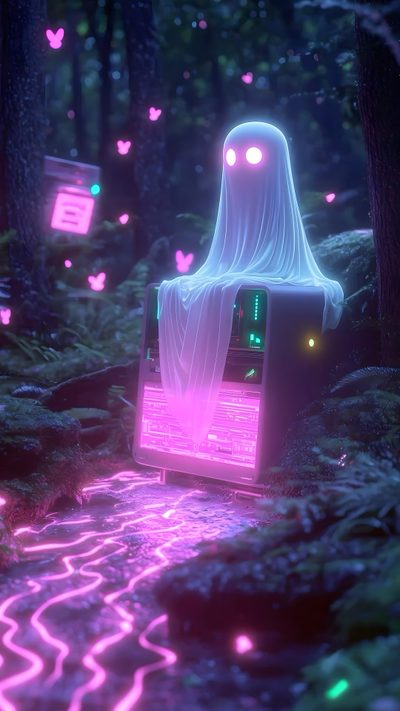 a computer in the middle of a forest with glowing lights Vaporwave Halloween New, Ghost, Pink, dark slate gray