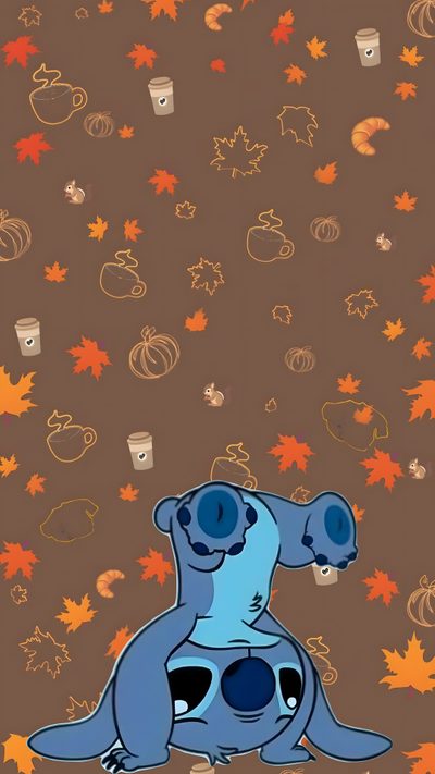 an animal is sitting on the ground surrounded by autumn leaves and acorns, with coffee cups in the background Aesthetic Halloween Stitch Autumn Phone Ideas, Autumn-themed Stitch Illustration, Brown And Orange Autumn Design, dim gray