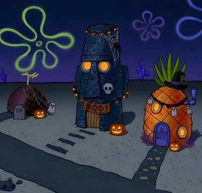 an animated image of halloween decorations on the ground Spongebob Squarepants Halloween Halloween Scary Aesthetic, Halloween Theme Ideas, Cartoon Halloween, dark slate gray