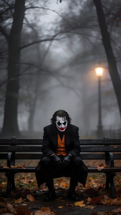 a man dressed as the joker sitting on a park bench Joker Halloween Wooden Park Bench, Joker Men, White Makeup, Black Overcoat, dark slate gray