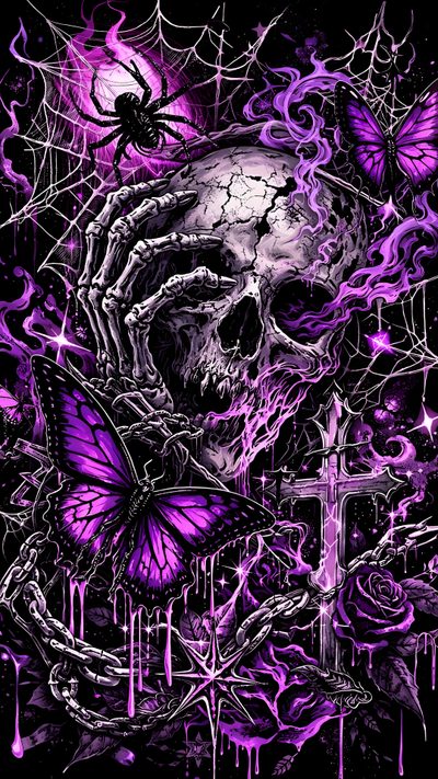 a skull with purple paint and butterflies on it's face, in front of a cross Halloween Skull Purple Custom Pretty Gothic, Halloween Themed Background, Black And Purple Design,