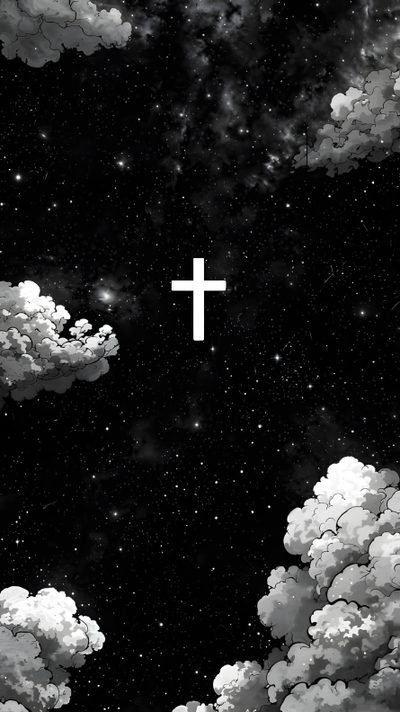 the sky is filled with clouds and a white cross in the center, surrounded by stars Halloween Cross 4k Cool, Super Cool, Black For Iphone, Jesus 4k Ultra Hd 1080p Iphone, Cross With God,