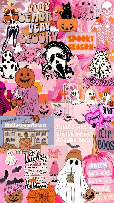 a collage of halloween stickers on pink paper Pink Halloween Collage Preppy Scary, Backgrounds Halloween, Bright Halloween,