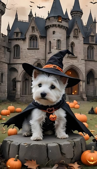 a dog dressed up as a witch in front of a castle Halloween Scottish Terrier Westie, Westie Halloween Ideas, Westie In Autumn Leaves, dim gray