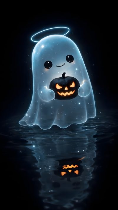 a glowing ghost floating in the water with a pumpkin on it's face and eyes Halloween 4k Ghost Cute Ghost Dp, Cute Ghost, Spooky Images, Ghost Aesthetic, Hd Dark, Amoled, black