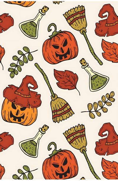 a white background with pumpkins, leaves and brooms on it's sides Kids Halloween Costume Custom Removable Halloween Autumn Small Scale, Kids Halloween, Halloween Themed For Home, beige