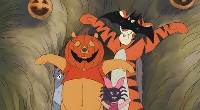 the cartoon characters are dressed up as pumpkins and jack - o'- lanterns Winnie The Pooh Halloween Desktop Winnie The Pooh Halloween Aesthetic, Disney Halloween Winnie The Pooh, Spooky Winnie The Pooh, dim gray