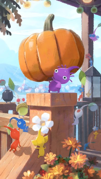 an animated image of a pumpkin on top of a wooden deck with other cartoon characters around it Pikmin Halloween Pikmin Poster, Pikmin Bloom, Pikmin Life, Pikmin 4, Pikmin Iphone, Pikmin, rosy brown