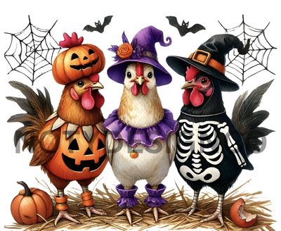 three chickens in halloween costumes standing next to each other Halloween Chicken Spooky Pumpkin, Everything Is Possible, Halloween Clipart, rosy brown