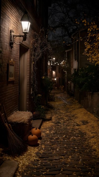 an alley at night with pumpkins on the ground Spooky Halloween Street Cozy Spooky, Dark Autumn, Autumn Village, Autumn Town, black