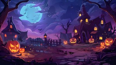 a halloween scene with pumpkins on the ground and houses in the background at night Halloween 6 Free Halloween Costumes, Halloween Borders, Halloween Graphics, Halloween Floral, dark slate gray