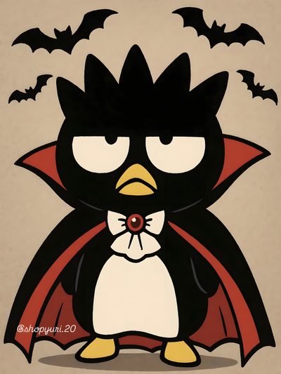 an image of a cartoon penguin with bats on it's back and eyes closed Badtz Maru Halloween Hello Kitty Rooms, Hello Kitty Items, Hello Kitty, Kitty, Pink, dark khaki