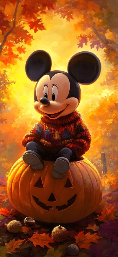 mickey mouse sitting on top of a pumpkin in the fall leaves with an orange background Vintage Disney Halloween Cute Christmas Iphone, Disney Fall Iphone, Free Disney Fall, Cute Disney Fall, sienna