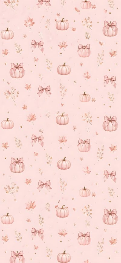 a pink wallpaper with pumpkins and bows on it's sides, all in pastel colors Rose Gold Girly Cute Halloween Pink Phone Aesthetic, Cute Pink Fall, Backgrounds Iphone,