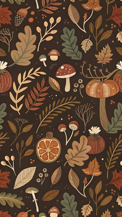 a brown background with leaves and mushrooms Halloween Botanical Autumn Home Decor Ideas, Autumn Leaves And Mushrooms Pattern, Diy Fall Craft Inspiration, dark slate gray