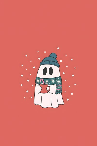 a snowman with an apple in his hand Cute Halloween Christmas Winter Ghost Background, Cute Spooky Christmas, Winter Ghost, indian red