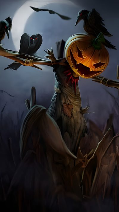 a scarecrow with pumpkins on his head and two crows perched on it's back Halloween Desktop 2560x1440 Mythical Scarecrow Fantasy Art, Pictures Of Scary Scarecrows, Images Of Scary Scarecrows, black