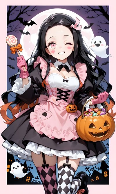 a woman dressed as a witch holding a pumpkin Nezuko Kamado Halloween Anime Kimono, Good Anime Series, Demon Girl, Original Artists, Arte Anime, rosy brown