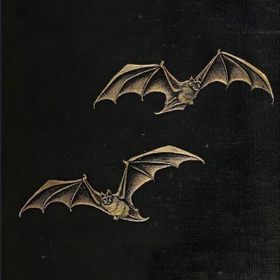 two bats flying in the air on a black background with gold threadwork and sequins Halloween Tan And Black Dark Academia Symbols, Tan And Black Aesthetic, Vintage Bat, Dark Academia Bat,