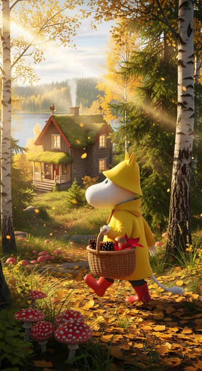 a cartoon bear carrying a basket full of mushrooms in the woods next to a house Moomin Halloween Cute Moomin, Moomin, Life Art, Finland, sienna