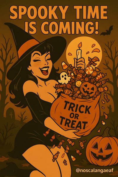 a woman holding a trick or treat bag in front of a pumpkin with the words spooky time is coming Halloween Pin Up Beautiful Witch, Halloween 2, Halloween 1, Fantasy Posters, Holiday, saddle brown
