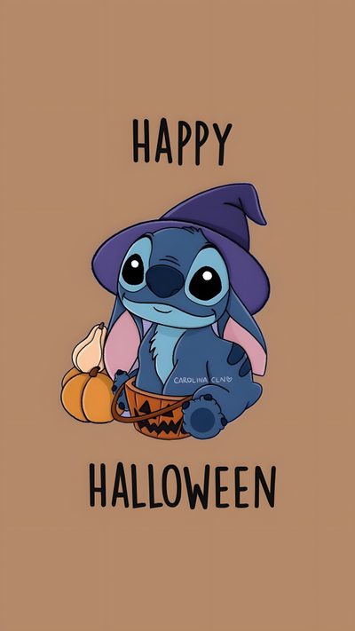 a cartoon character sitting on top of a brown background with the words happy halloween written in black Aesthetic Halloween Stitch Toothless And Stitch, Cameron Boyce Descendants, Lilo And Stitch Merchandise, rosy brown