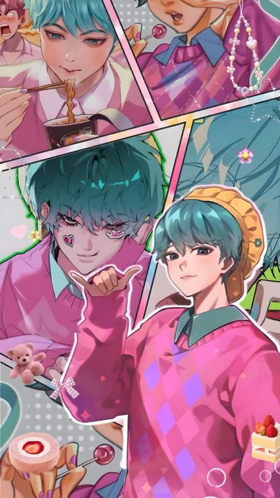 an anime character with blue hair and green eyes holding a piece of food in his hand Baby Saja Halloween Baby Saja Wall Paper, Baby Saja, K-pop Demon Hunters Ipad Baby Saja, rosy brown