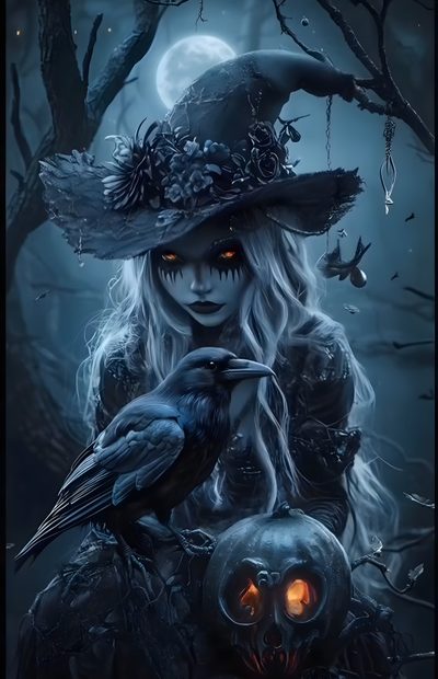 a woman in a witches costume holding a pumpkin and a crow on her lap with the moon behind her Gothic Halloween Witch Witch Pictures, Fantasy Demon, Halloween Entertaining, Fairy Pictures, dark slate gray