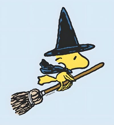 a drawing of a dog wearing a witches hat and holding a broom Woodstock Halloween Peanuts Halloween, Halloween Rocks, Snoopy Images, Snoopy Quotes, lavender