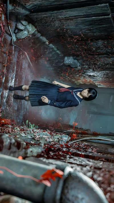 a woman standing in the middle of a room filled with blood Halloween Hill Battle Royale, Silent Hill F, Horror Game, Hinako Silent Hill F Gif, dark slate gray