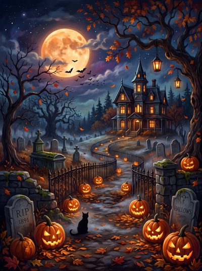 a halloween scene with pumpkins and cemetery Halloween Village Ideas Halloween City Background, Halloween Town Background, Halloweentown Backgrounds, dark slate gray