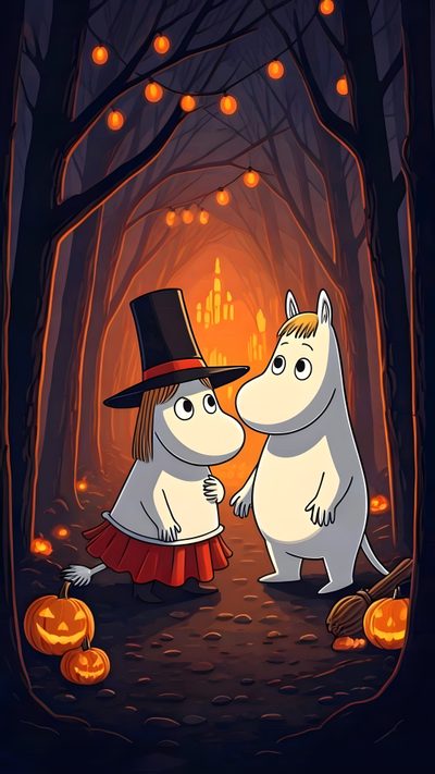two cartoon characters dressed in halloween costumes Moomin Halloween Moomins Cartoon, Moomin Friends, Moomin And Little My, Little My, dark slate gray