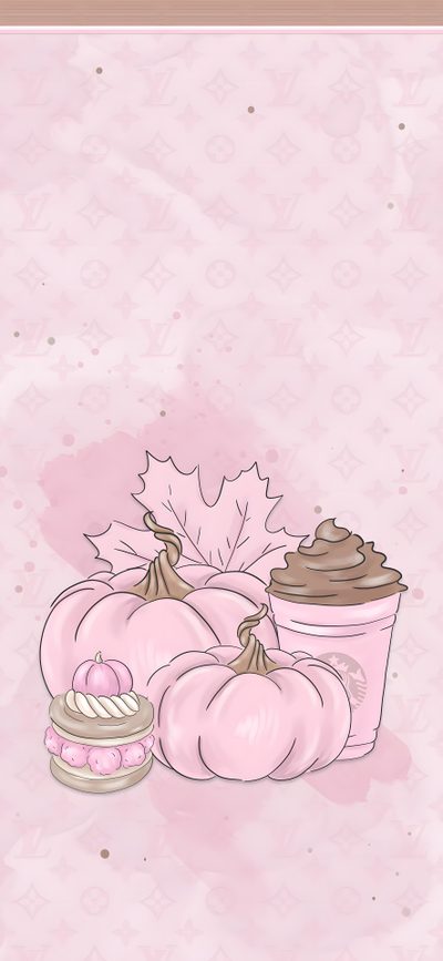 a pink background with pumpkins and a cupcake Rose Gold Girly Cute Halloween Pink Fall Widgets, Girly Autumn, Pink Fall Phone,