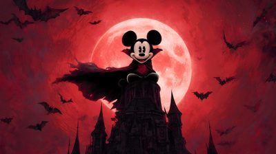 a mickey mouse in front of a castle with bats flying around it and the moon behind him Mickey Mouse Halloween 4k Fond D'écran Mickey Mouse, Mickey Mouse, Fond D Ecran, Free Download, maroon