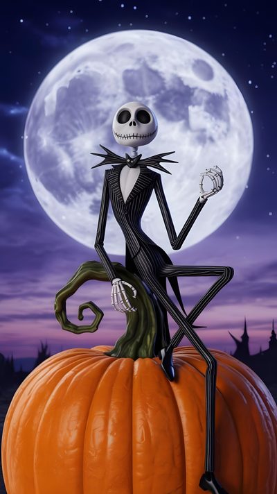 a skeleton sitting on top of a pumpkin with the moon in the sky behind it Happy Halloween Jack Skellington Jack Skeleton, Jack And Sally, Nightmare Before, Tim Burton, dim gray