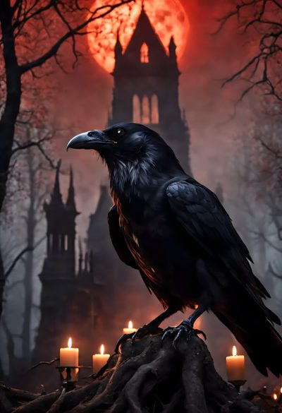 a black crow sitting on top of a tree stump in front of a full moon Halloween Raven Beautiful Crow Images Hd, Mystical Fantasy Crow, Corvo, Halloween Raven, dark slate gray