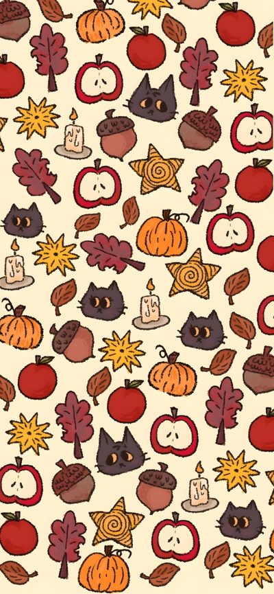 an autumn pattern with cats, pumpkins and leaves Halloween Autumn Small Scale Atum Background, Fall Themed Phone, November Iphone Aesthetic, peach puff