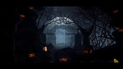 an image of halloween scene with pumpkins on the ground in front of a gate Engine Halloween Halloween Live Pc, Halloween Gif 1920x1080, Halloween Gif Pc, black