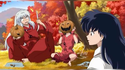 two anime characters sitting in the grass with pumpkins Inuyasha Halloween Inuyasha Witch, Inuyasha Tree, Inuyasha Pc, Inuyasha Laptop, Inuyasha Halloween, sienna
