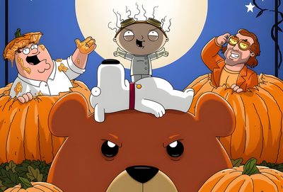 three cartoon characters riding on top of pumpkins Family Guy Halloween Ed O Neill, Family Guy Episodes, Family Guys, Pumpkin Contest, Glen Powell, sienna