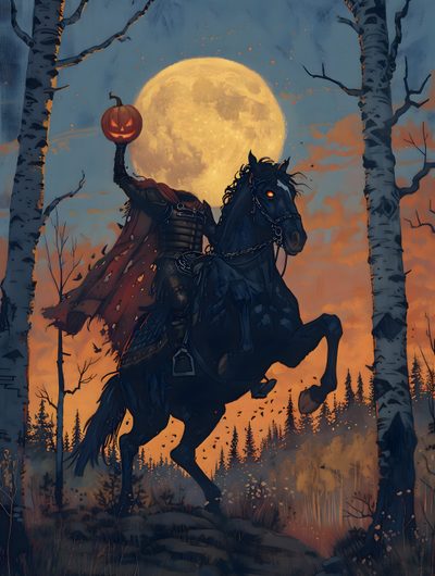 a painting of a man riding on the back of a horse in front of a full moon Halloween Headless Horseman The Sleepy Hollow, Halloween Artwork Illustration, Sleepy Hollow Art, dark slate gray