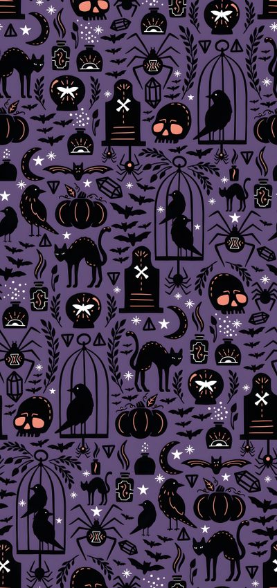 a purple and black pattern with cats, birds, and other things on it's surface Purple Halloween Pattern Halloween Cat For Phone, Purple Halloween Pattern, Gothic Halloween Pattern, dim gray