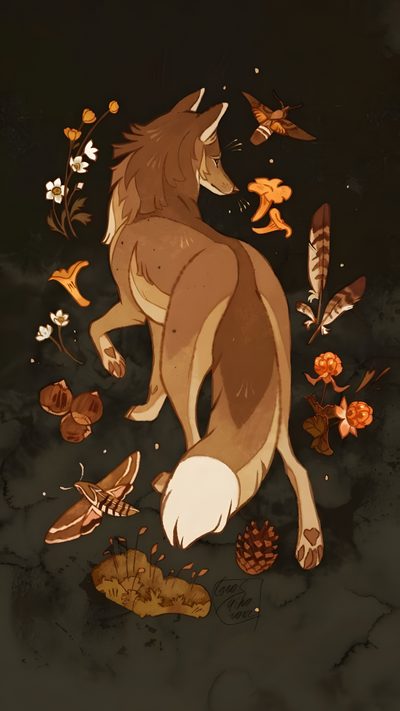 a wolf laying on the ground surrounded by leaves and other things that are flying around Therian Halloween Canine Art, Fantasy Creatures Art, Wow Art, Mythical Creatures Art, dark slate gray